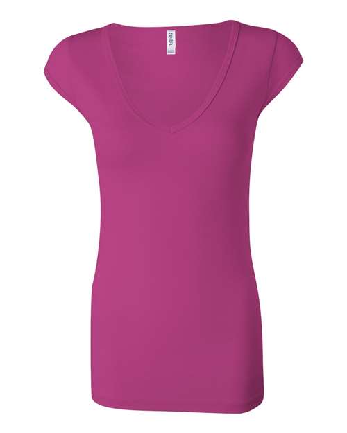 Women's Cap Sleeve Sheer Mini Rib V-neck Tee - 8705